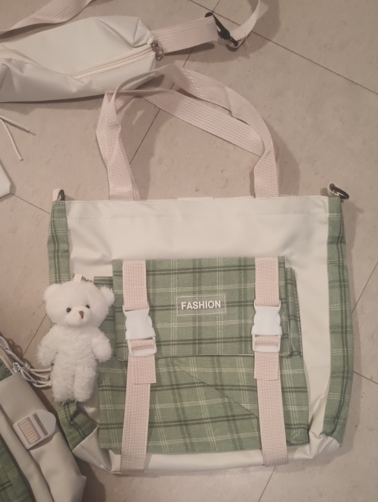 Green Plaid Backpack & Tote Set - Fashion Patch Teddy Bear Keychain Accessories - Picture 7 of 8